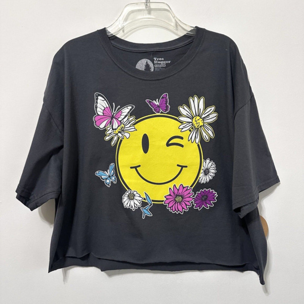 Tree Hugger Tshirt Tee Womens XL Gray Crop Short Sleeve Casual‎ Smiley Face NEW